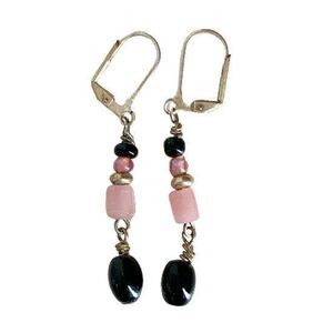 Dangle Earrings Black and Pink Beaded Gold Tone Lever Back Handmade